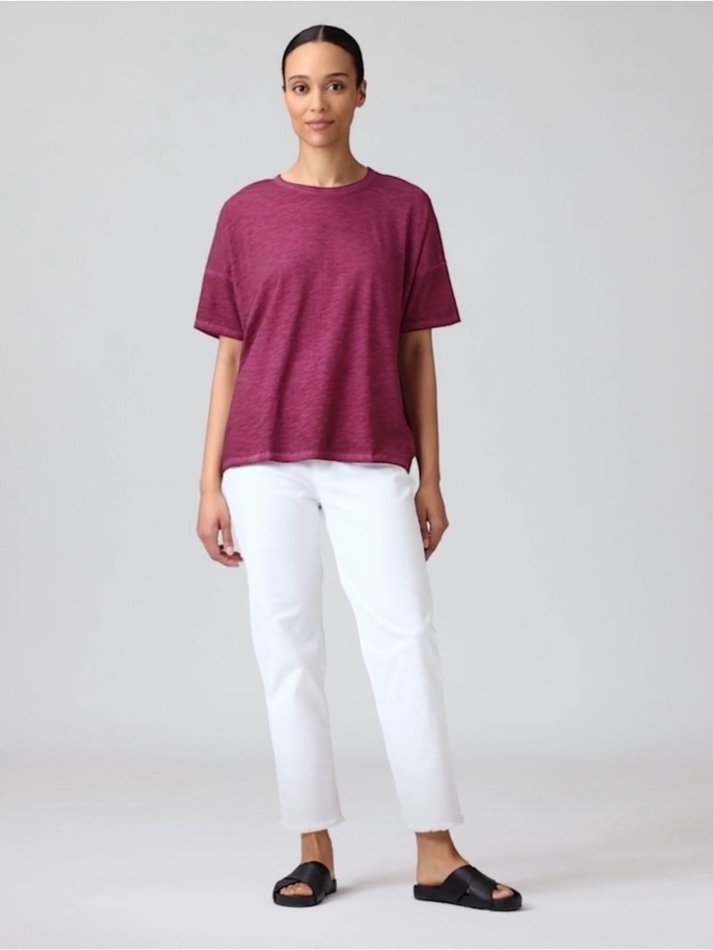 Eileen‎ Fisher Organic Cotton Hazy Slub Crew Neck Tee Drop Sleeve